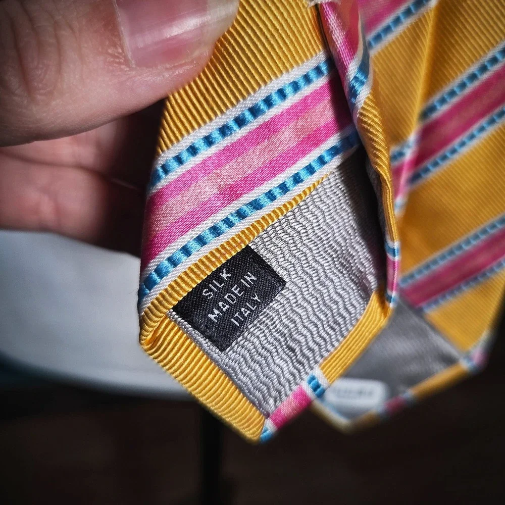 Prada Silk Tie Vintage 90s Yellow Pink Blue Stripe Italy Designer Mens Necktie